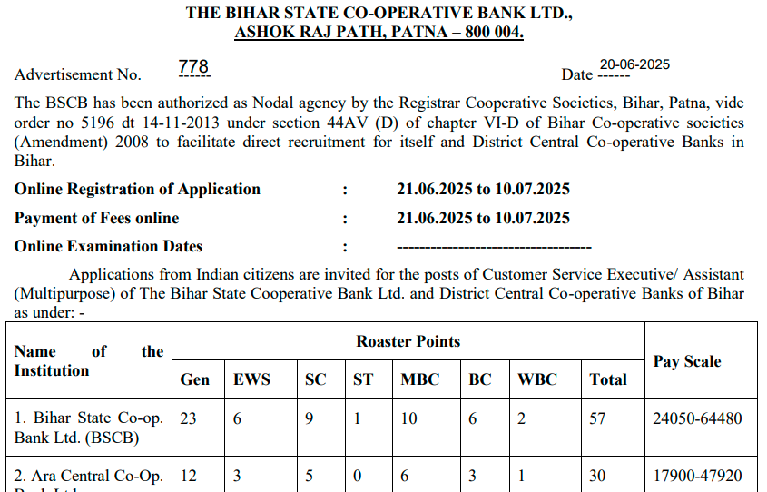 Bihar State Co-operative Bank Assistant Recruitment 2025 official notification PDF download
